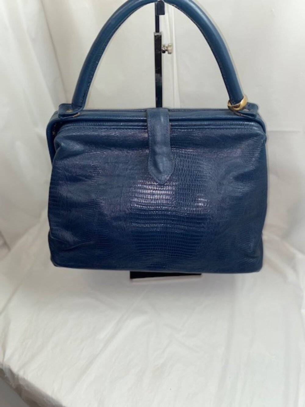 T. Cappelli Vintage Navy Blue Lizard-Embossed Structured Doctor Bag